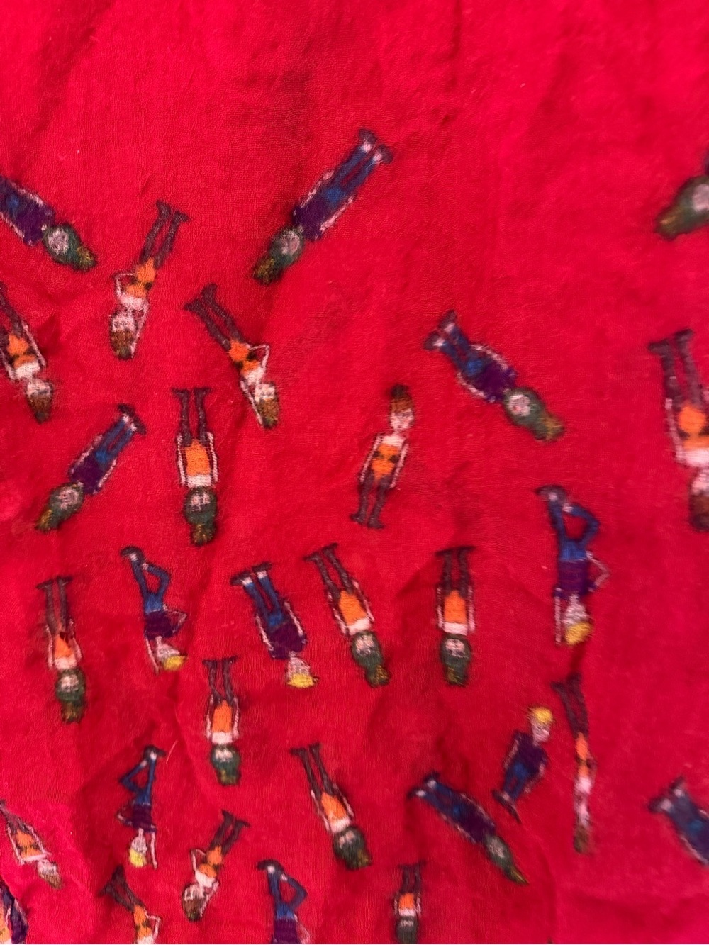 Unk Red Lightweight Scarf with Multicolor Figurine Print - Picture 3 of 3